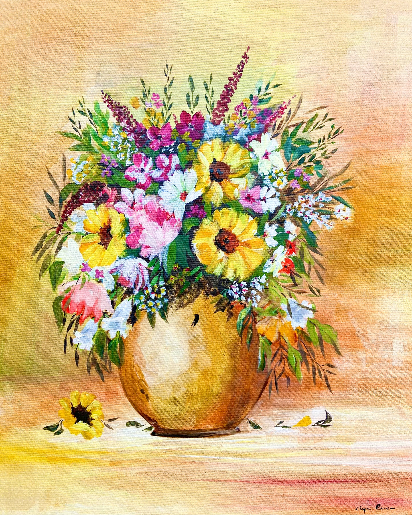 A Vintage Golden Vase with Flowers - Print on Canvas