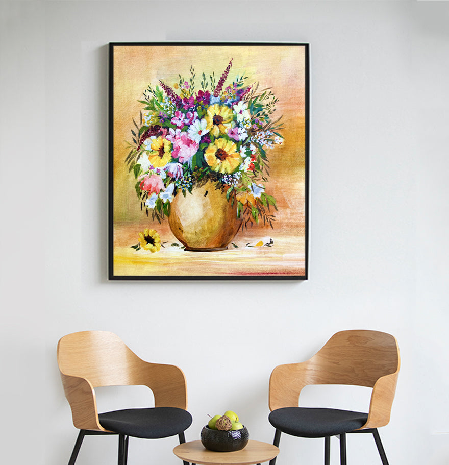 A Vintage Golden Vase with Flowers - Print on Canvas